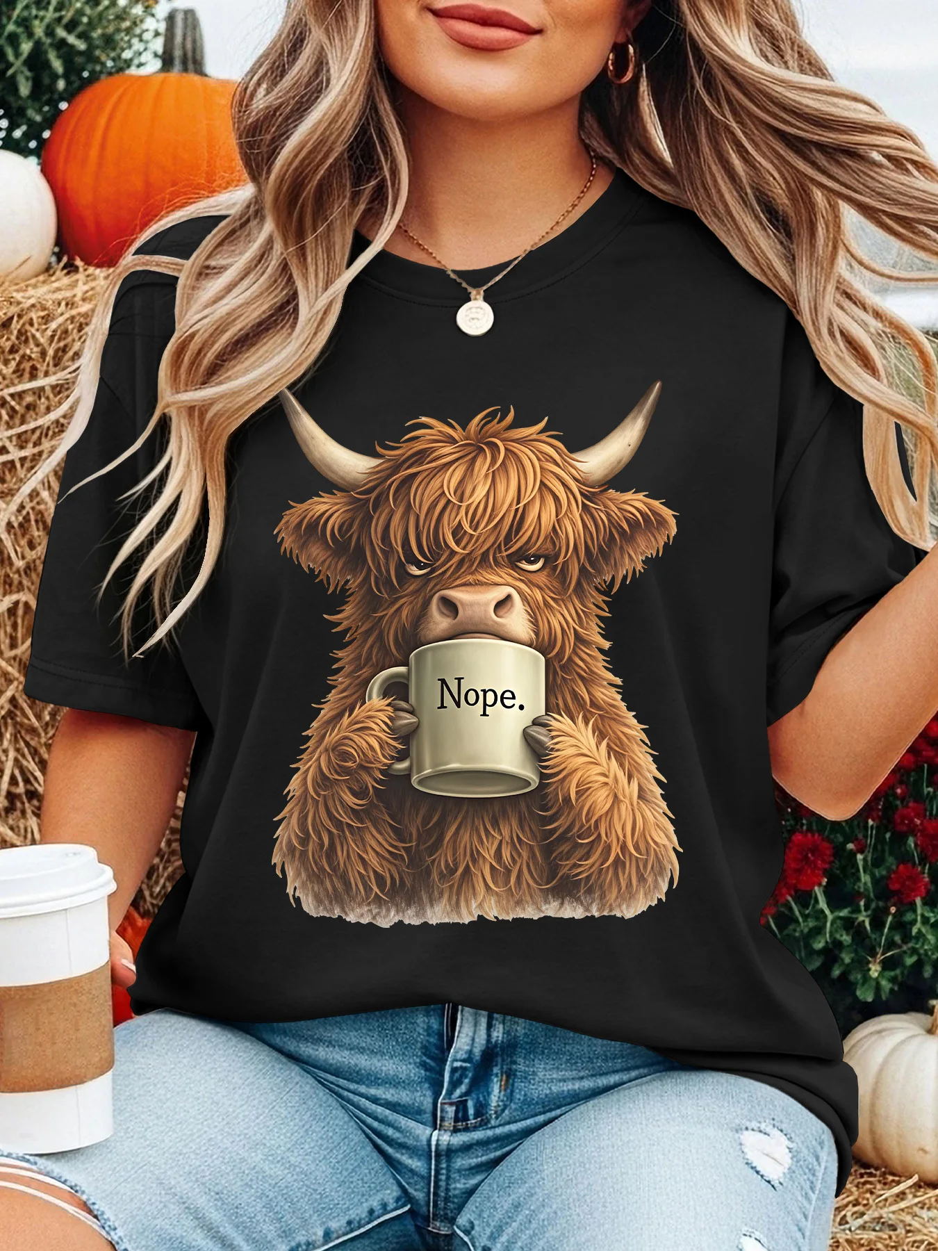 Women Crew Neck Tee Nope Highland Cow Holding Coffee Mug Graphic Print Short Sleeve Loose Ladies Cotton Plus Size Casual Top