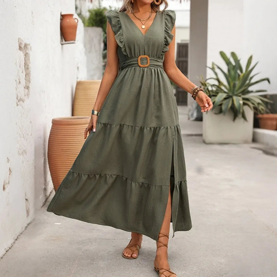 V Neck Lotus Leaf Sleeve High Waist Dress