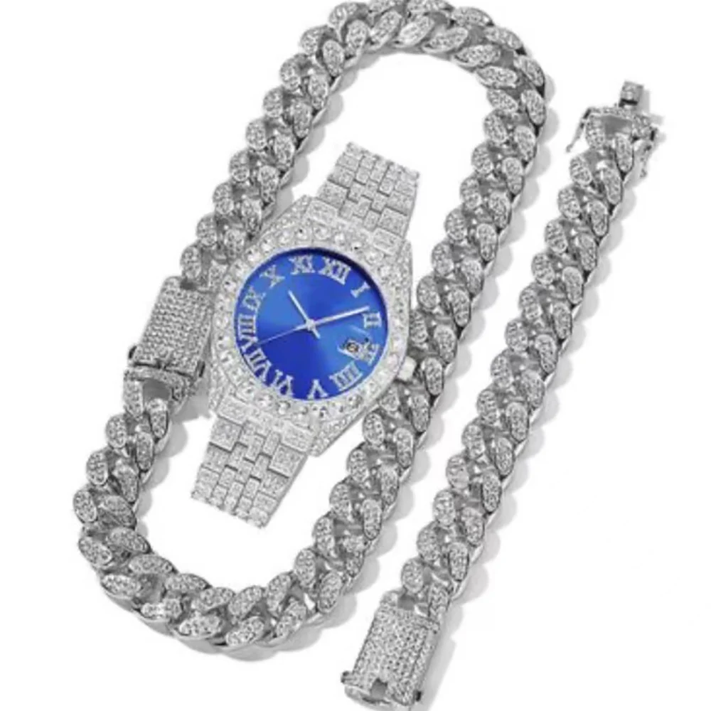 Heren luxe nieuwe stalen band quartz horloge rond glas kleur wijzerplaat volledig zirkoon horloge hiphop mode-sieraden cadeau