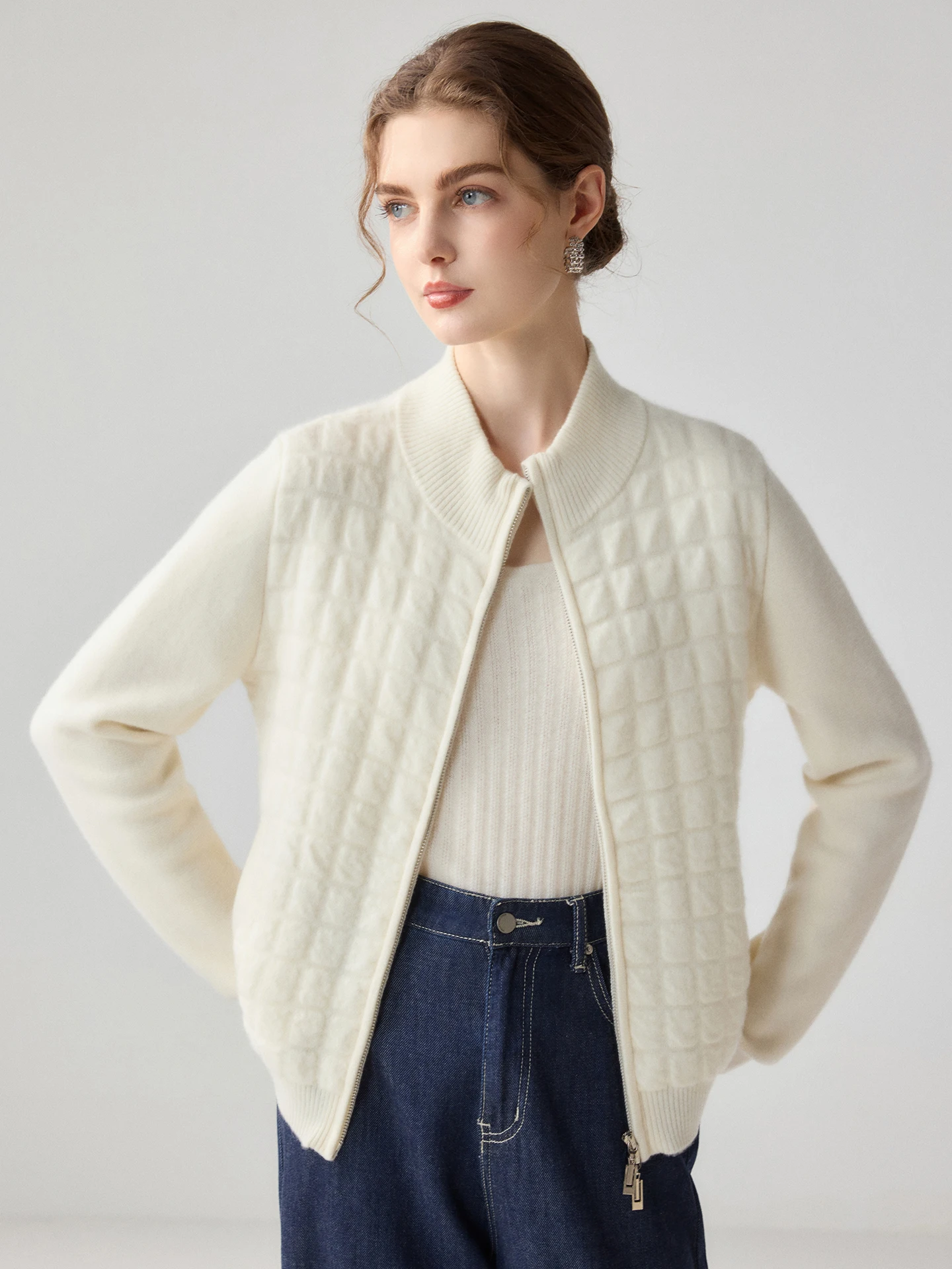 TLOML Women‘s 100% Cashmere Sweater Mock Neck Two-way Zip Cardigan Autumn Winter Cashmere Knitwear Soft Warm Thick Cotton Jacket