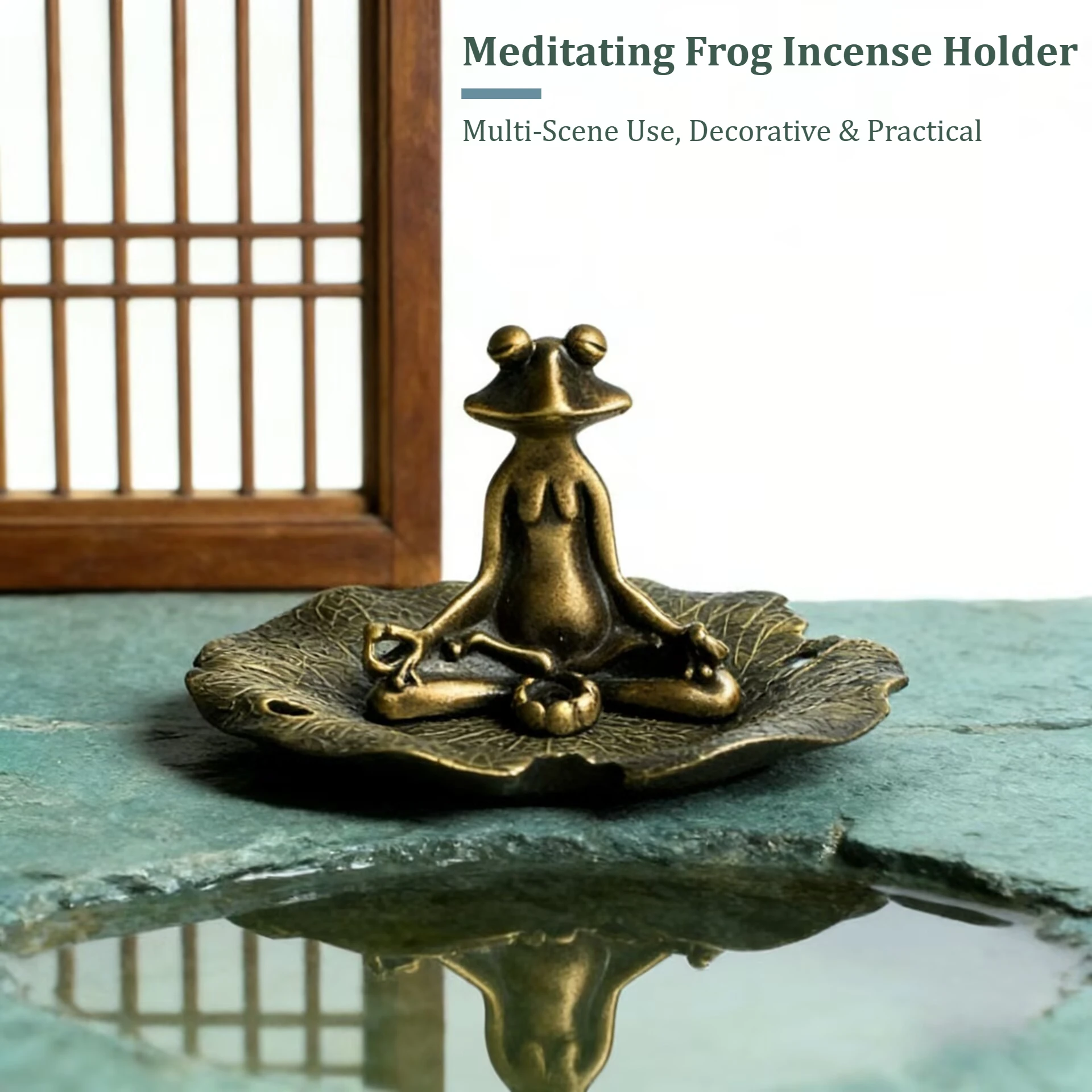 Bronze Retro Zen Style Ornament-Meditating Frog Incense Holder Socket-Lotus Leaf Base Meditation Tea Pet Incense Stand Decor Set