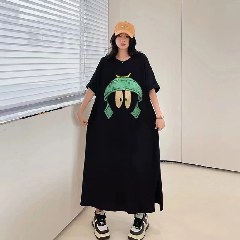 2024 Summer New Korean Version Women\'s Long Casual Loose Dress Split Cartoon Printed Regular Sleeve Dress Large Female Clothing