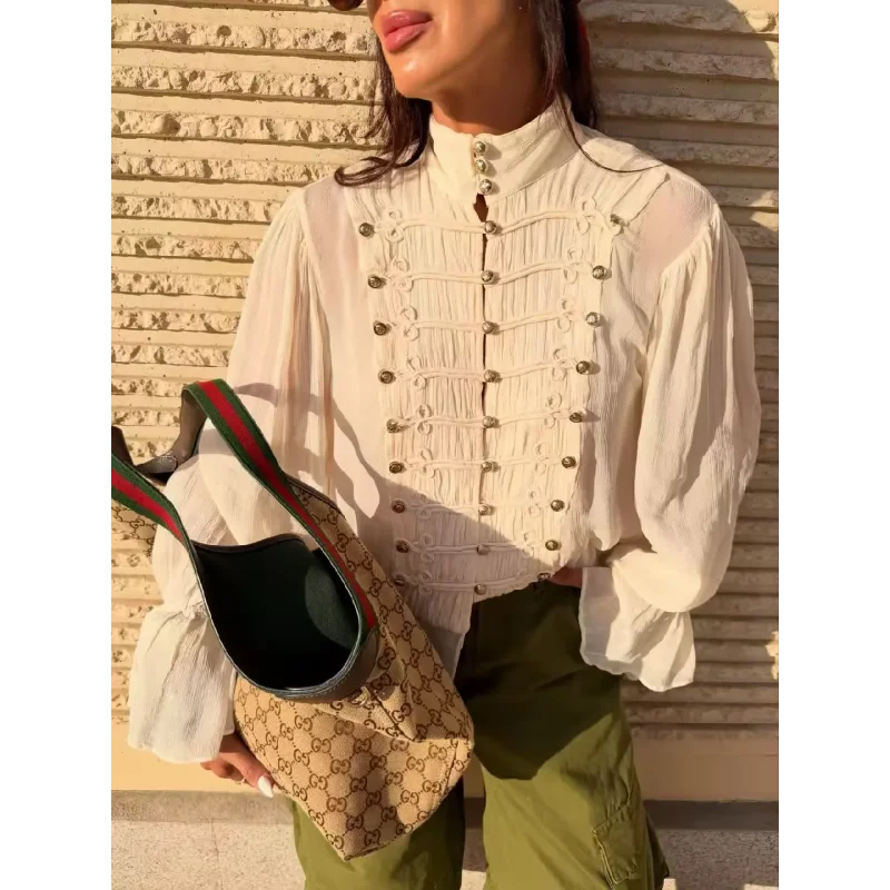 2026 Neue Kollektion Damenkleidung Rüschenbluse Luxuriöse Vintage-Style Hemden Langärmelige Hemden mit Trompetenärmeln Elegantes Abendhemd – Detail 9