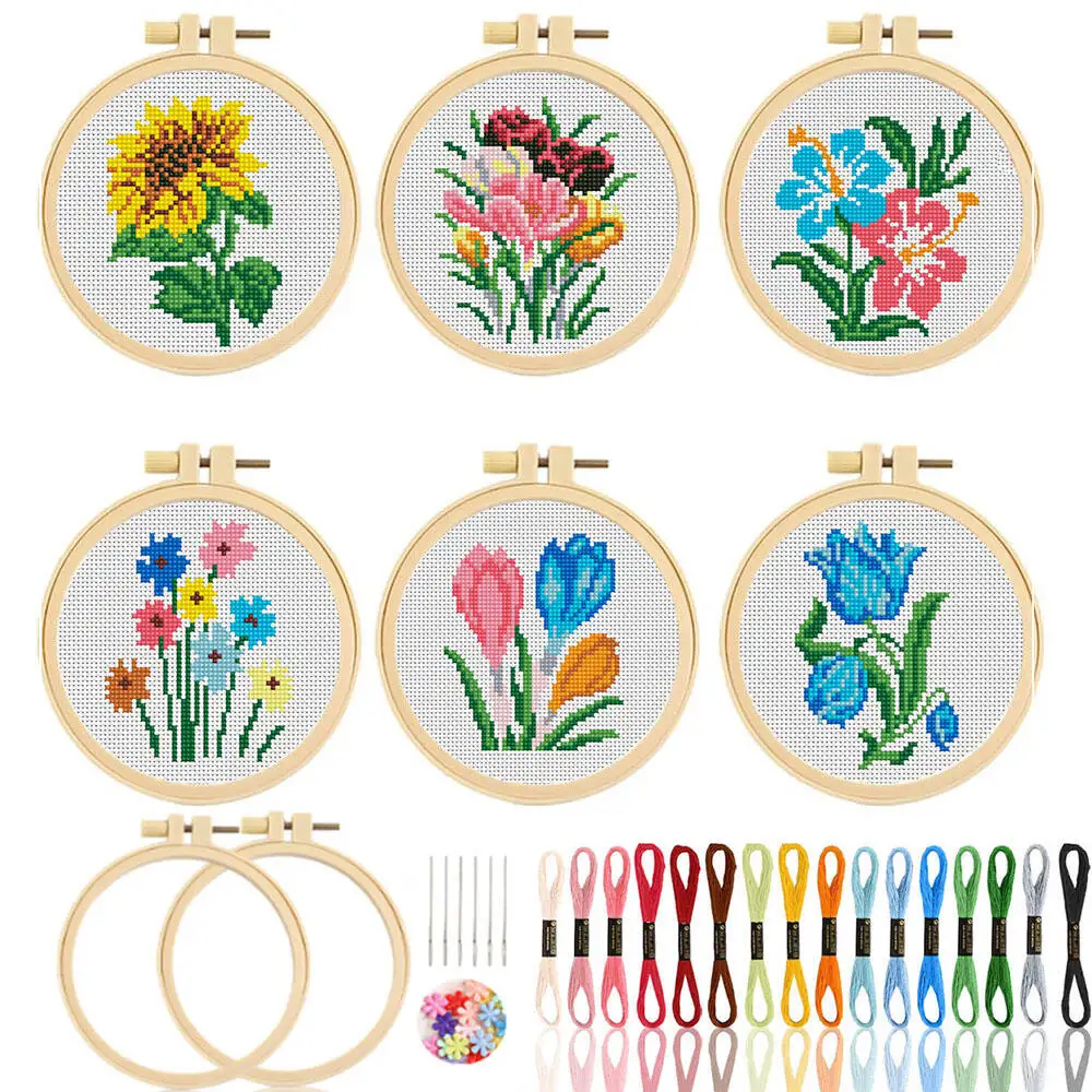 1set 6pc DIY Kreuz Kit Blume Parrten Mit Hoops Hand Handwerk Und Kreativität Wand Dekor Wohnzimmer