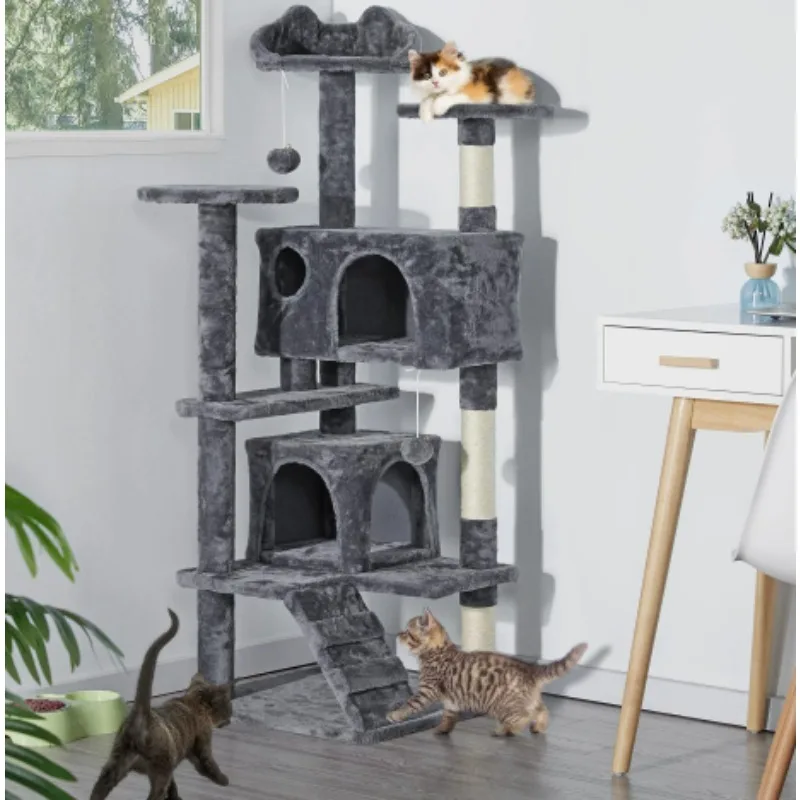 Custom Design Multi Functional Modular Tall Cat House Cat Tower Condo Scratches Climbing Cat Tree with 2 Plush Perches