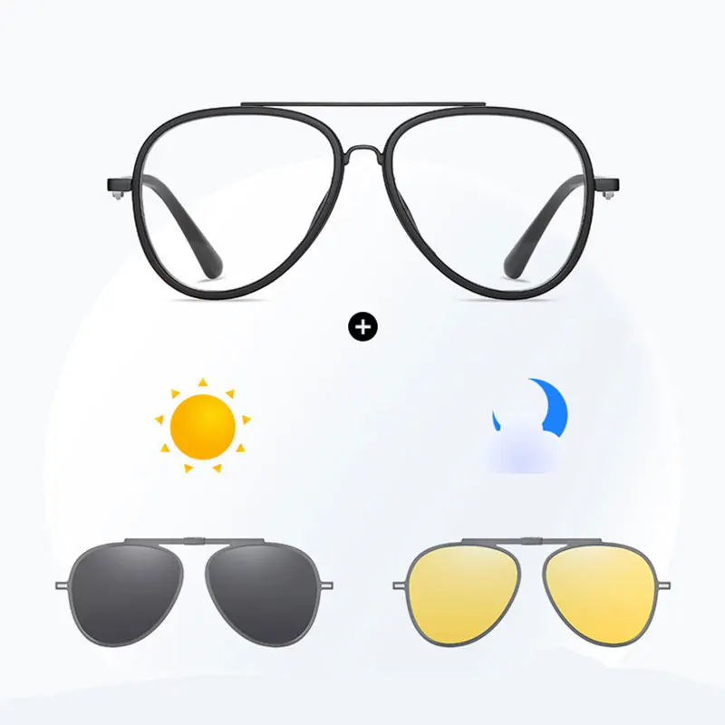 Fashion Pilot Myopia Glasses 2 In 1 Magnet Clip On Prescription Eyeglasses Large Frame Polarized Sunglasses Lenses