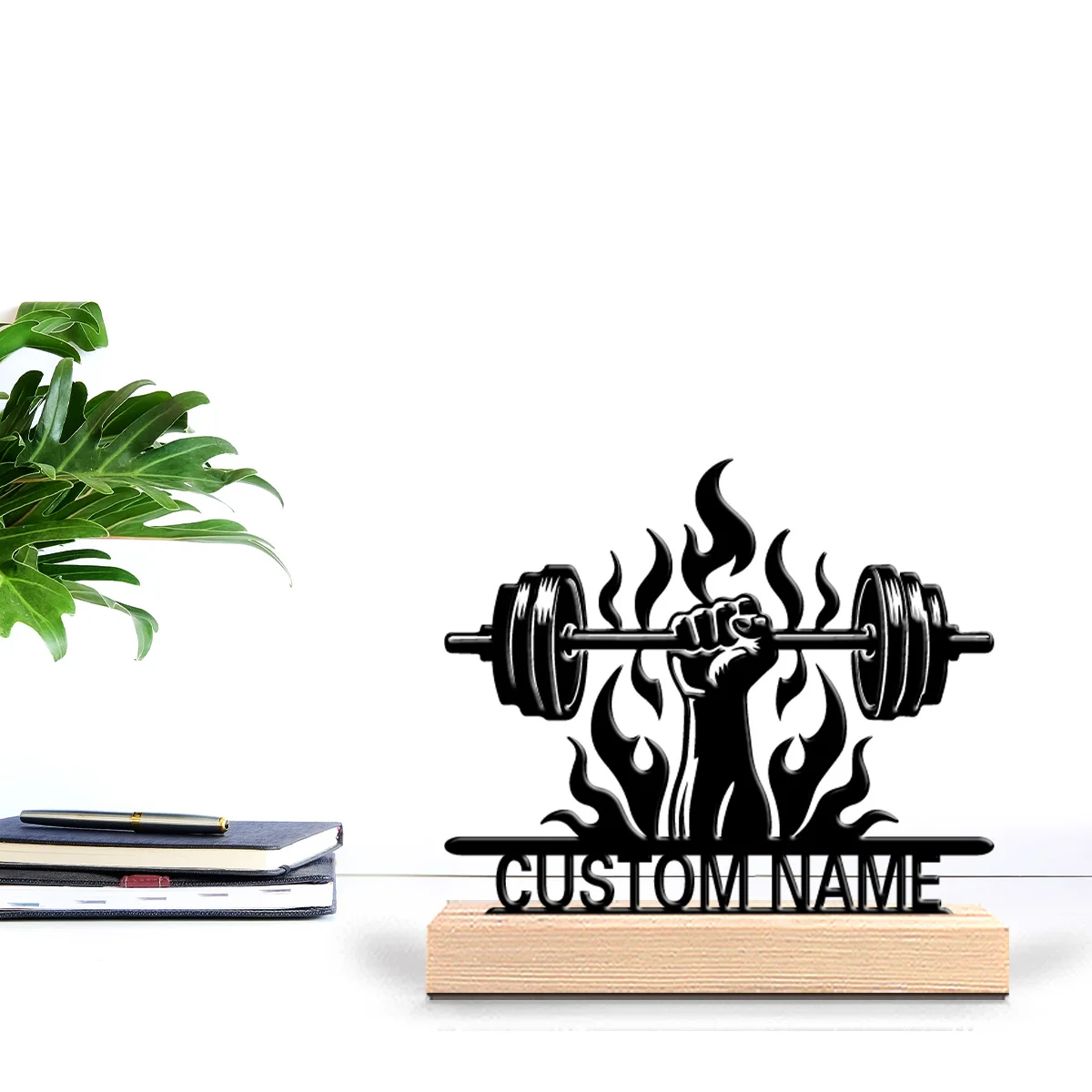 1 pièce Statue en métal personnalisée avec lettres, ornement artistique en étain, figurine avec base en bois, pour décoration de chambre et de bureau