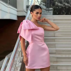 Msikoods Sexy Pink Mini Party Dress Bow Satin One Shoulder Customized Short Cocktail Dress Short Graduation Gowns Prom Dress