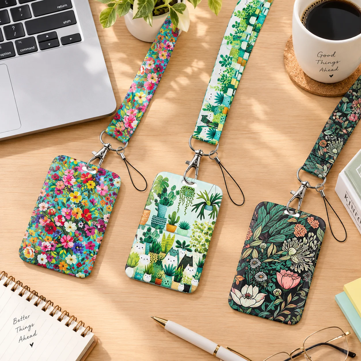 Colorful Flowers Lanyard Card Holder ID Badge Holder Green Plants Neck Strap Phone Card Case Keychain Holder Cosplay Accessories