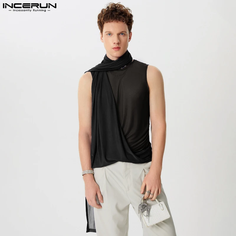 INCERUN Men Tank Tops Mesh Transparent Solid Turtleneck Sleeveless Male Vests Summer Clubwear Fashion Casual Men Clothing 2025