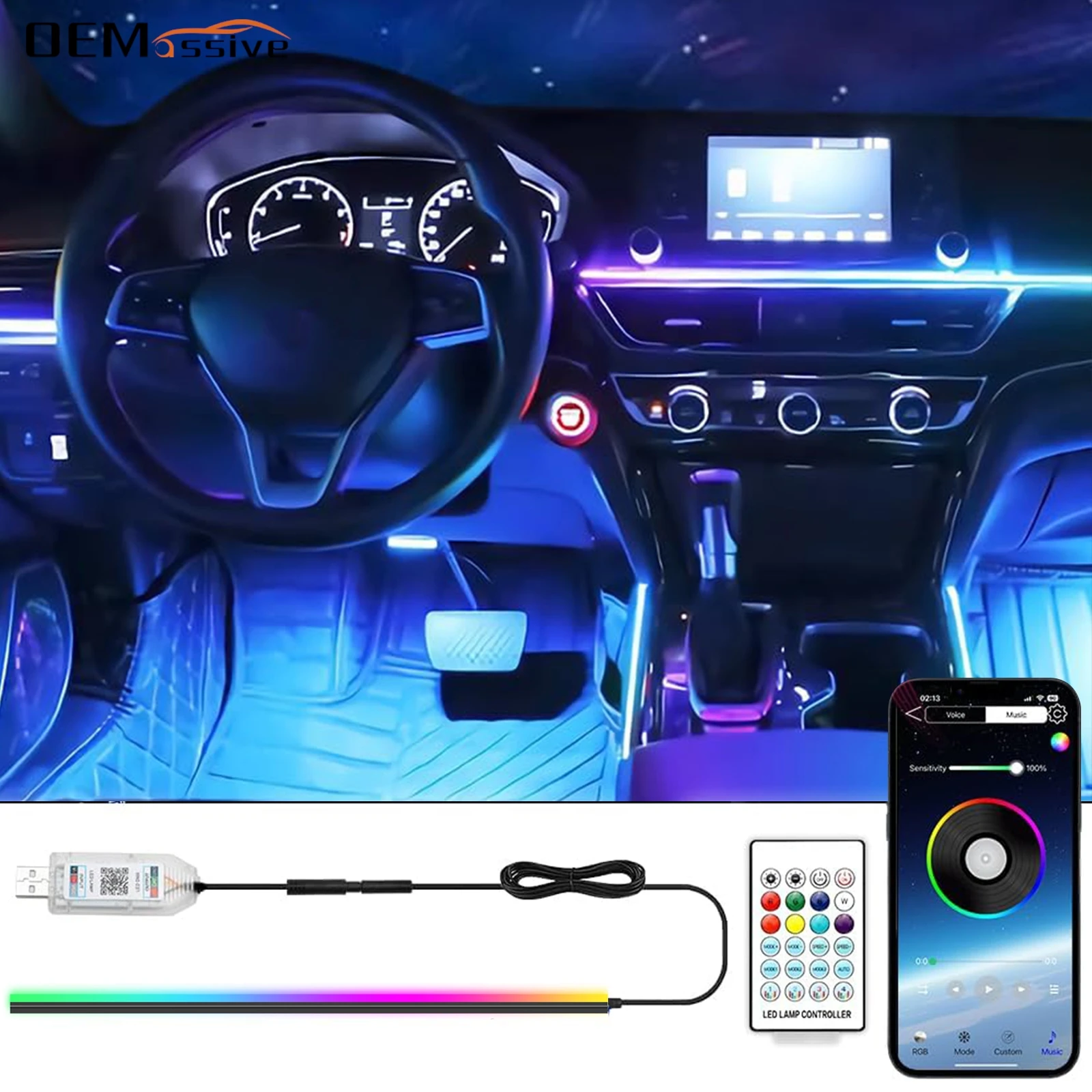 Wireless Music Sync Rhythm Neon Dashboard Ambient Light 16 Million Colors USB Mobile App Control Car Center Control RGB Lights