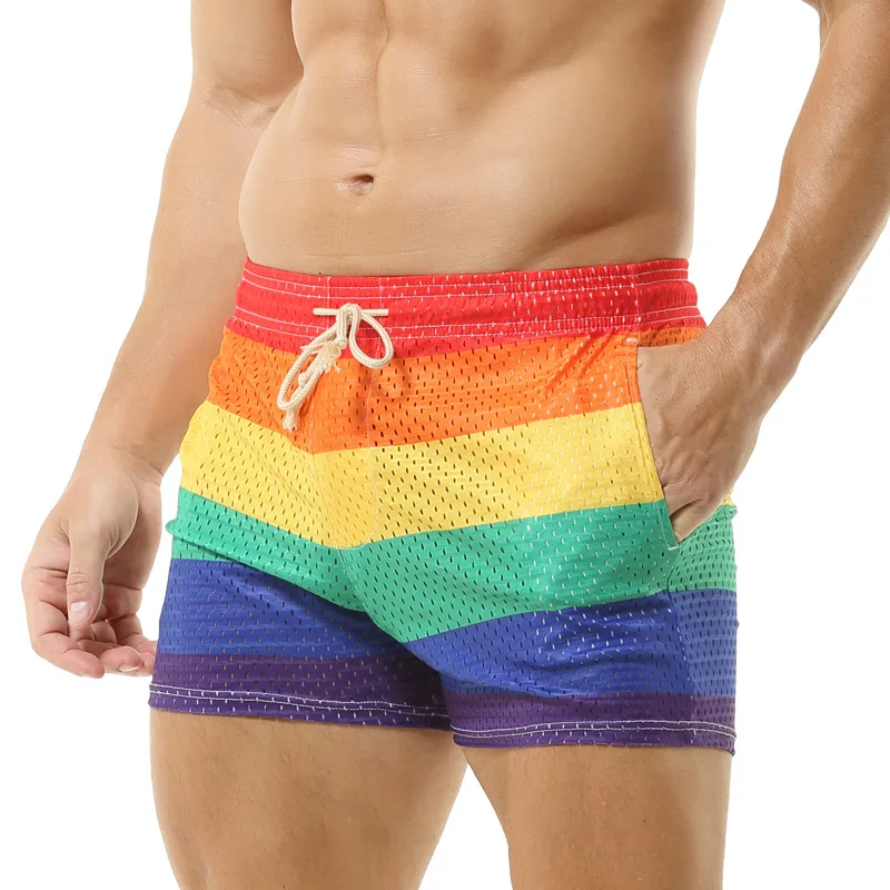 Men's Sexy Beach Short Pants Rainbow Mesh Trunks Sexy Beachwear Casual Boxers Shorts Bottoms Pocket Quick-dry Drawstring