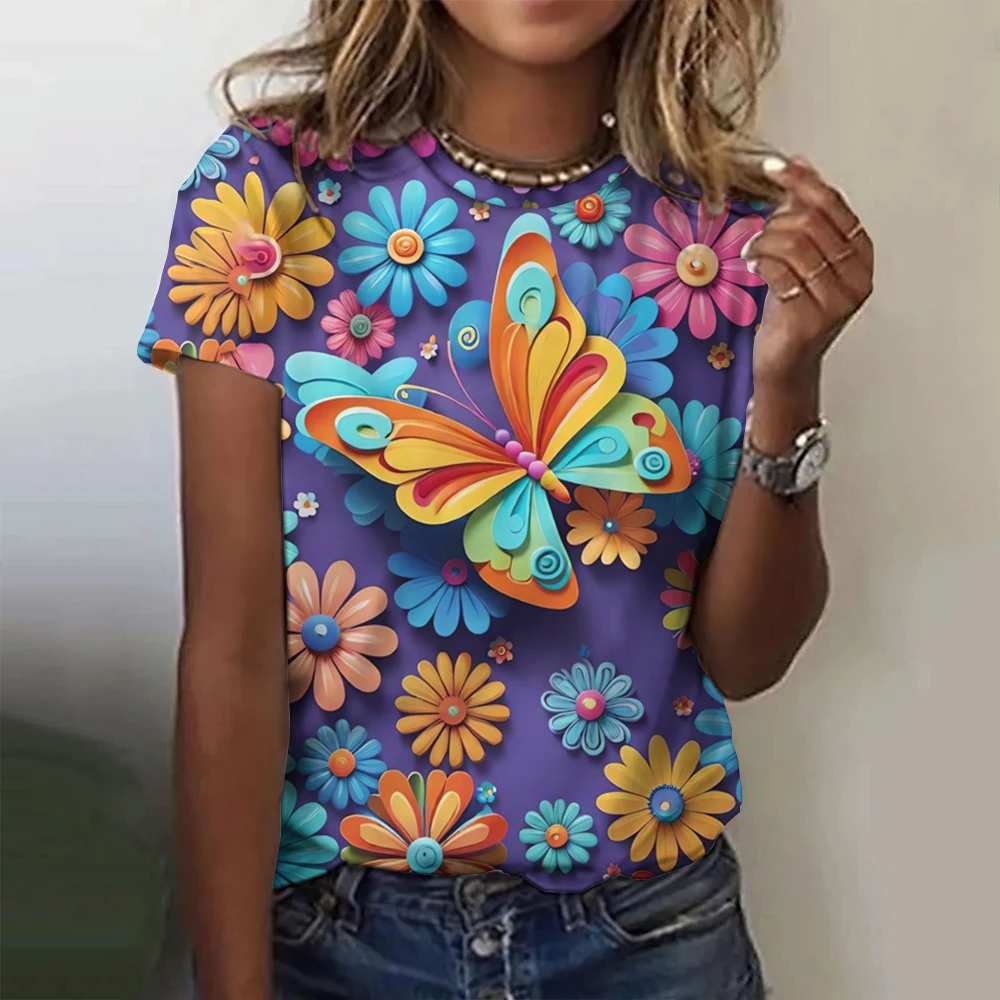 2024 Fashion Woman T Shirt 3d Butterfly Print Crew Neck Short Sleeve Tee Luxury Female T-Shirts Oversized Y2k Clothing For Girls