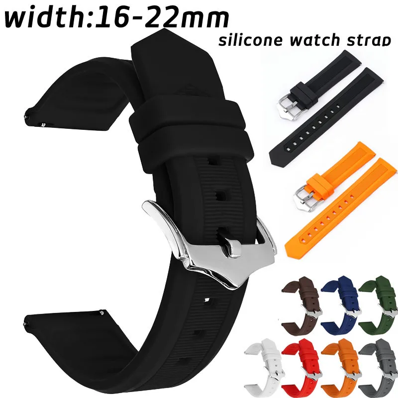 Sweat-resistant Silicone Watch Band Strap 16 18 19 20mm 21 22mm 24mm 26mm Quick Release Sports Rubber Wristwatch Bracelet