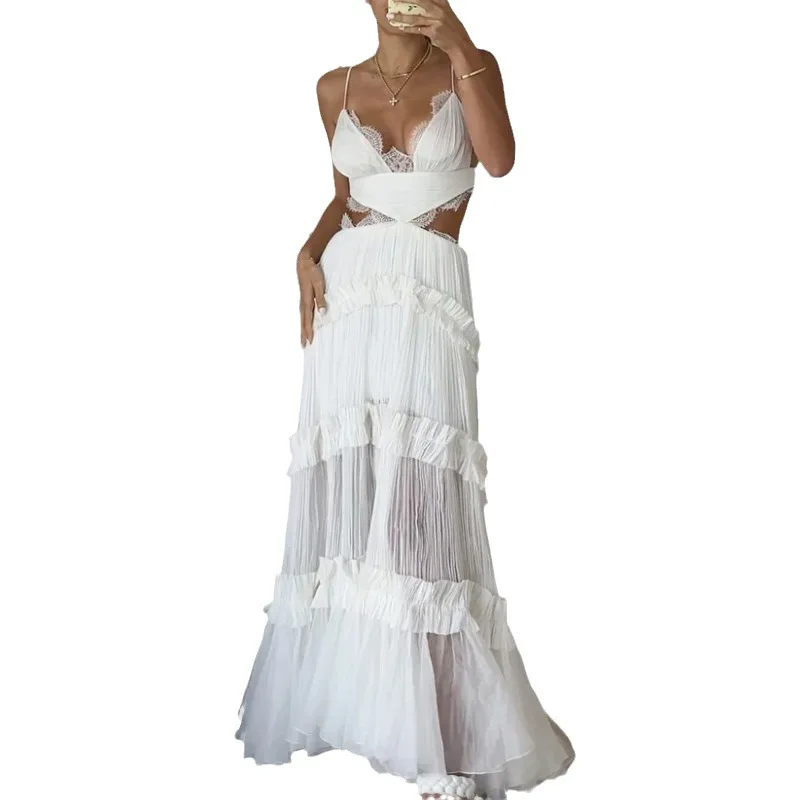Women Sundress Hollow Out Lace Splice A Line Beach Dresses V Neck Leaky Waist Folds Gown Elegant Long Vestidos Sleeveless