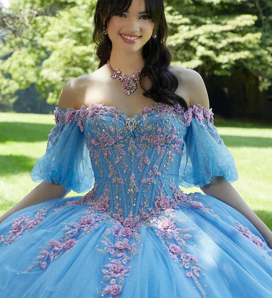 EVLAST-Vestido De quinceañera azul De México, Media manga, apliques De flores florales en 3D, lazo De cuentas, dulce 16, Vestido De 15 años, TQD072