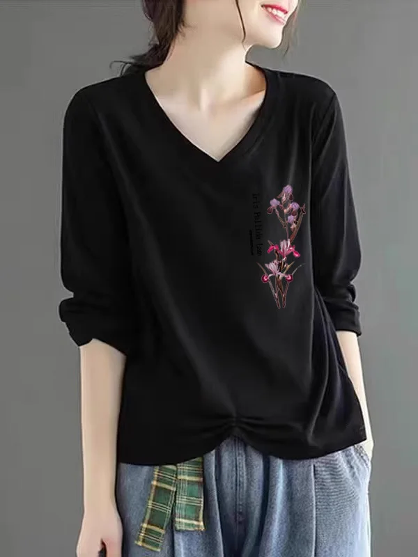 

Long Sleeve Pure Cotton V-Neck T-Shirt Women's Autumn Winter New Style Pleated Belly Covering Chicken Heart Neck Inner Wear Top