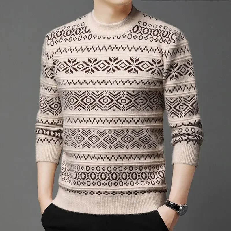 

Men's Winter New Thick Warm Jacquard Pullover Sweater, Young Man Casual Retro Long-sleeved Round Neck Slim-fit Knitted Sweater