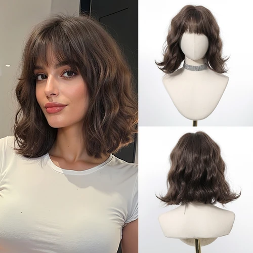 Peluca Natural Bob marrón de 12 pulgadas, pelo sintético bonito, peluca rizada ondulada corta con flequillo para mujer, uso diario en fiestas, fibra resistente al calor