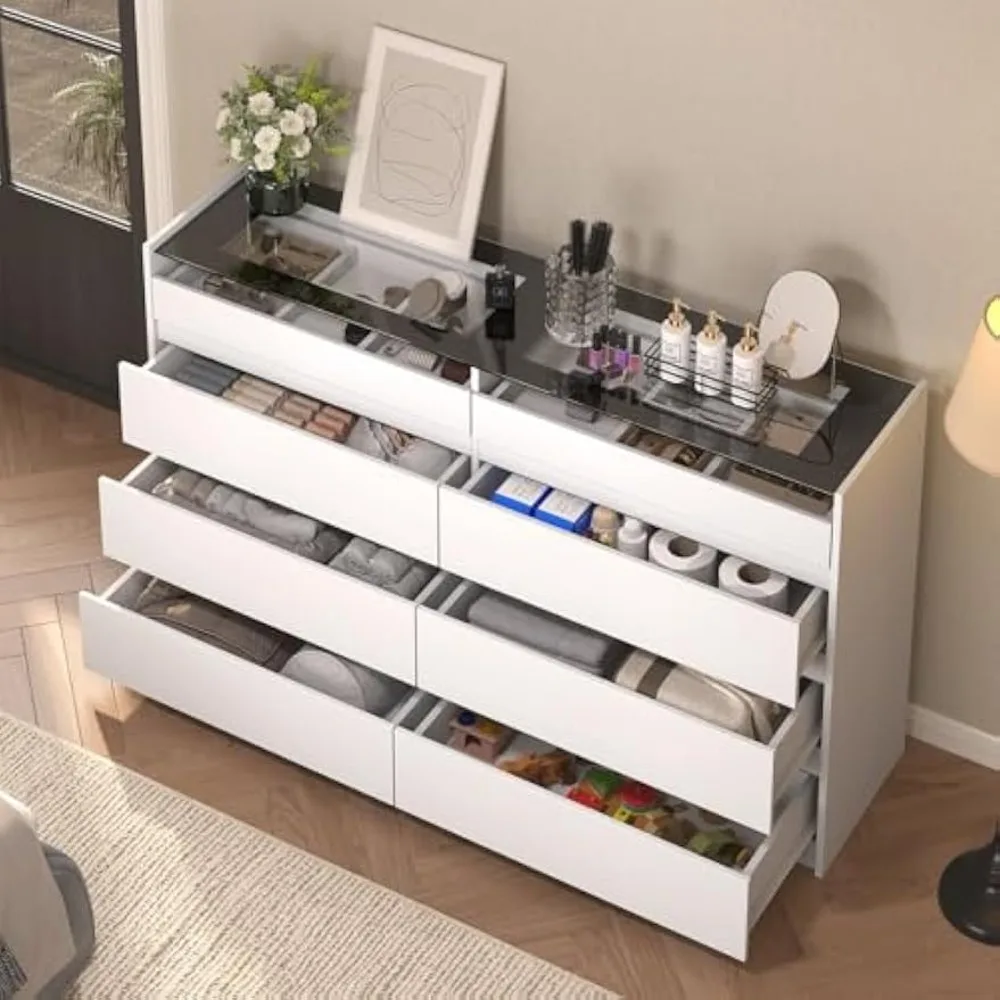 White Dresser for Bedroom, 8 Drawer Dresser with Glass Top and LED Light, Modern Chest of Drawers, Jewelry Closet Island with Dr