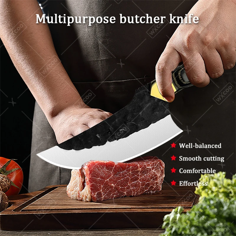 Hand Forged Kitchen Knife Set Stainless Steel Chef Knife with Sheath Meat Cutting Knife Perfect for BBQ Cooking Scissor