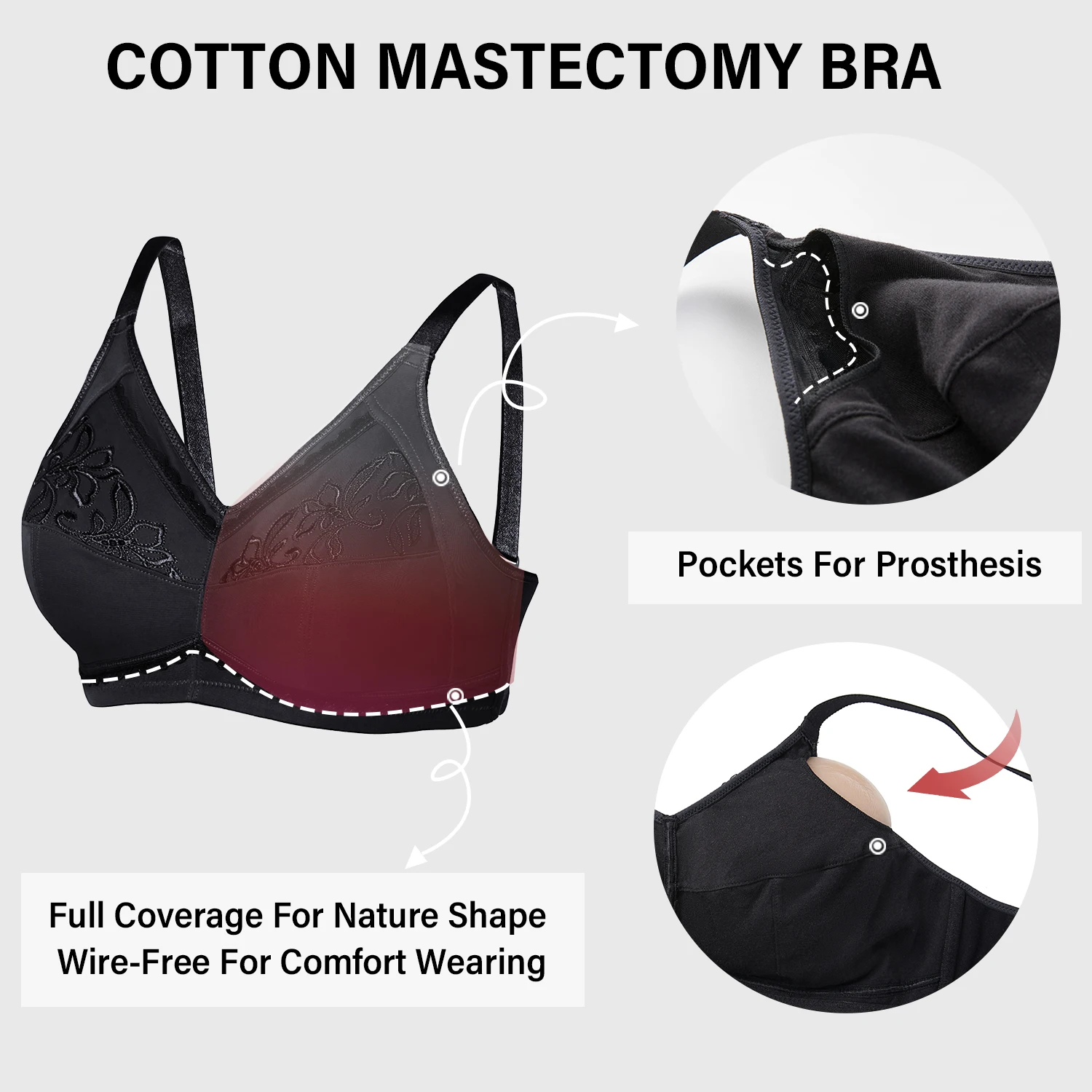 Women\'s Mastectomy Pockets Plus Size Wireless Post-Surgery Full Coverage Sleep Bra