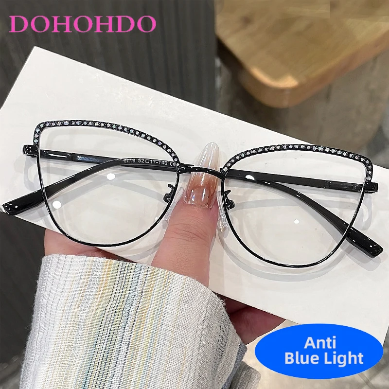

Senior Metal Cat Eye Imitation Diamond Glasses Women Men Brand Designer Anti-Blue Light Computer Eye Protection Optical Eyewear