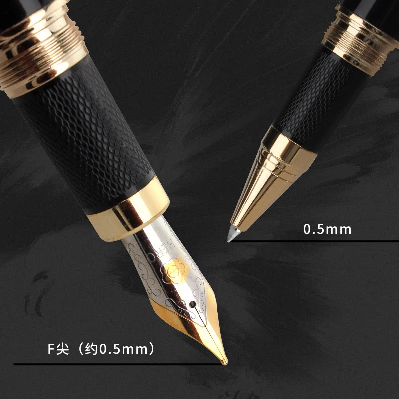 Imagem -03 - Hero 8102-metal Fountain Pen e Roller Ball Pen Preto e Dourado Fine Nib 2-head Caixa de Presente 05 mm