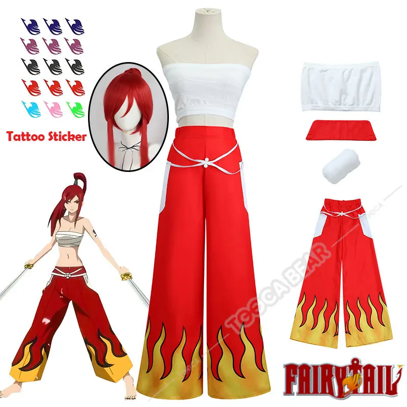 

Anime Fairy Tail Erza Scarlet Cosplay Costume Wig Team Natsu Chest Wrap Bandage Uniform Tattoo Sticker Halloween Party Girls