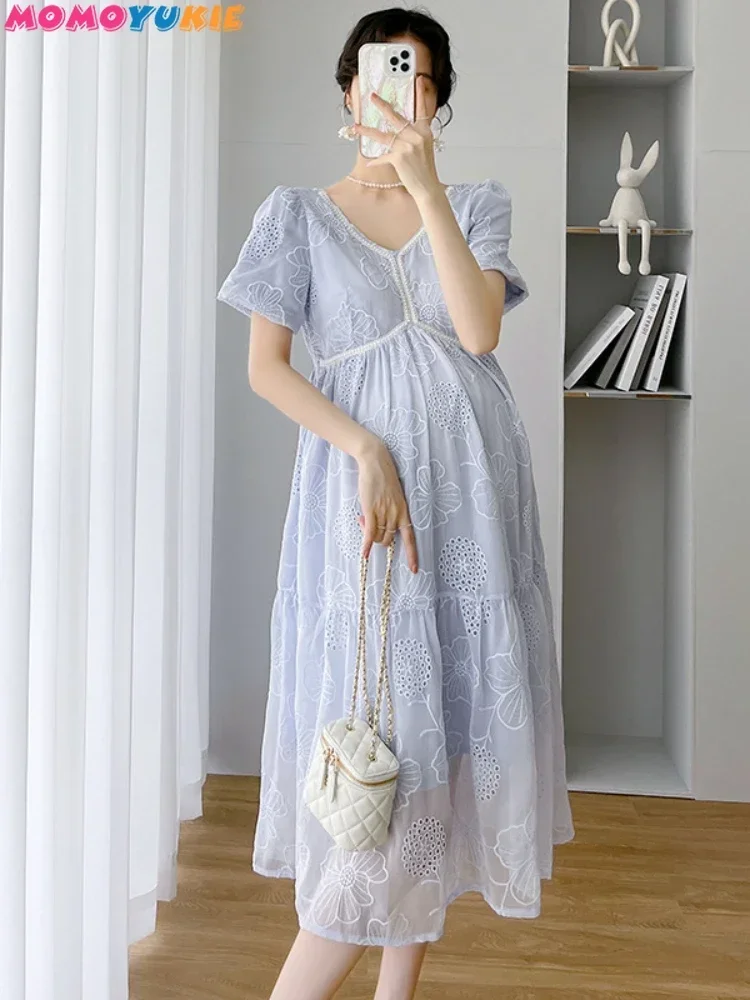 Korean Maternity Dresses For Pregnant Women Cute Elegant Lace High Waist Cover Belly Hollow Out Vestidos Pregnancy Clothes