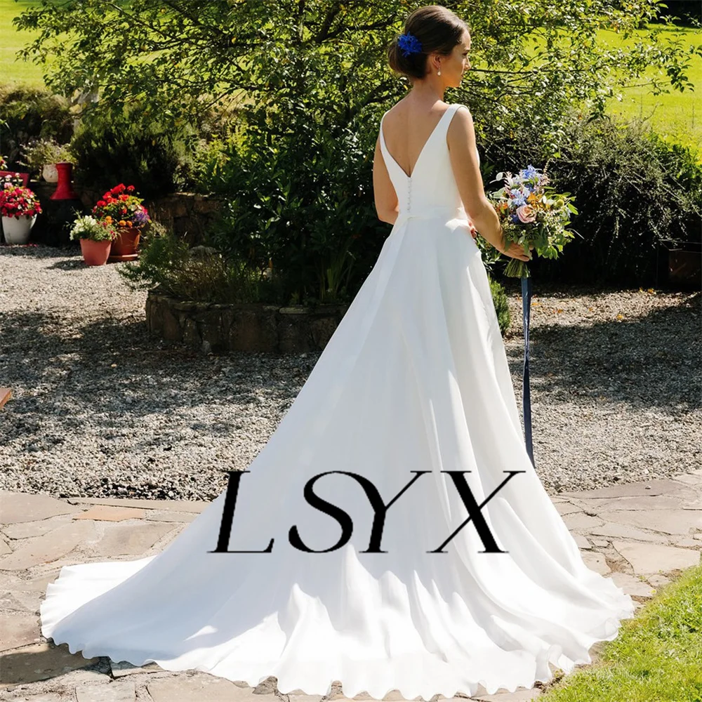 LSYX-Robe de mariée en fibre d'organza pour femme, col rond, nœud en pansement, fermeture éclair au dos, ligne A, longueur au sol, robe de patient, sur mesure