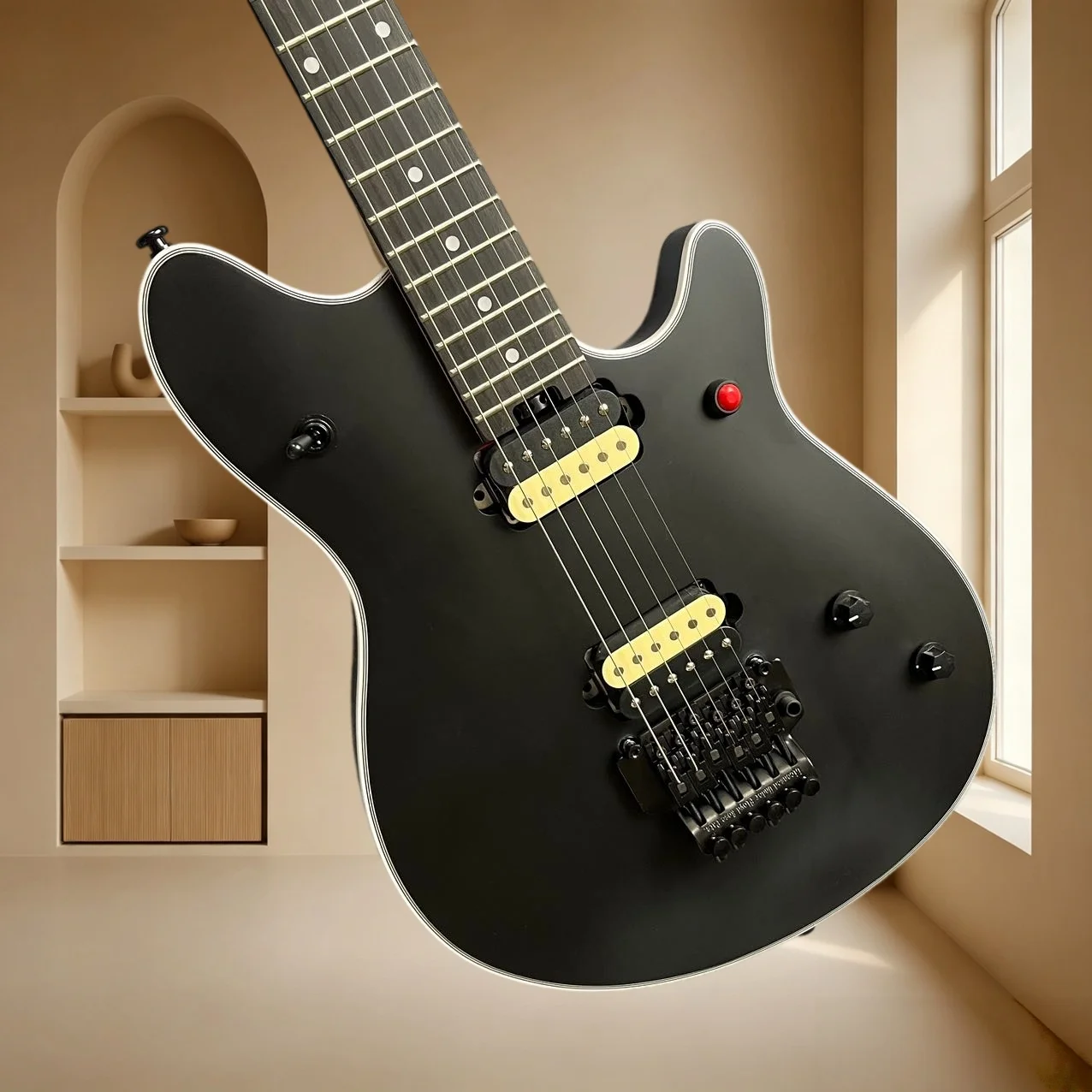 Matte Black TL Double Tremolo Electric Guitar Dual Yellow Humbuckers Red Switch Alder Body Shred Metal Hard Rock Stage Guitar