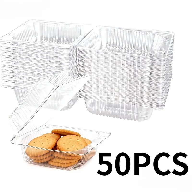 50 Uds. Caja cuadrada de plástico desechable, cajas para pasteles, tapa cuadrada para tarta de queso, sándwich, suministros para fiestas de panadería, embalaje de alimentos