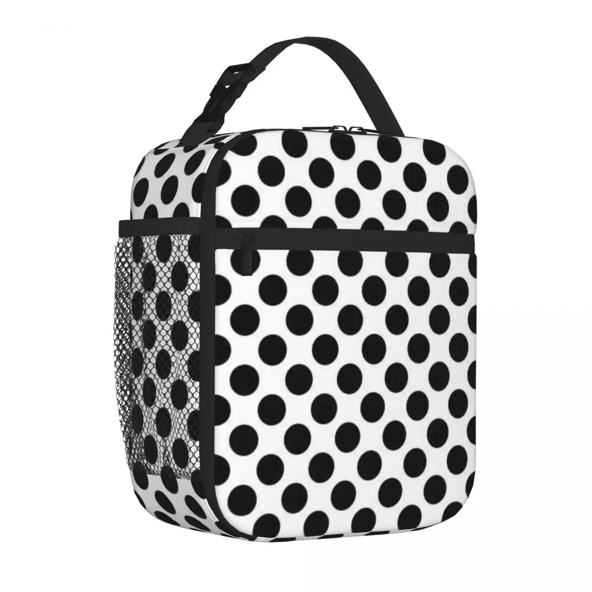 Bestselling Black Large Polka Dot On White Trendy Student Lunch Bag Business Commute Waterproof Lunch Bag