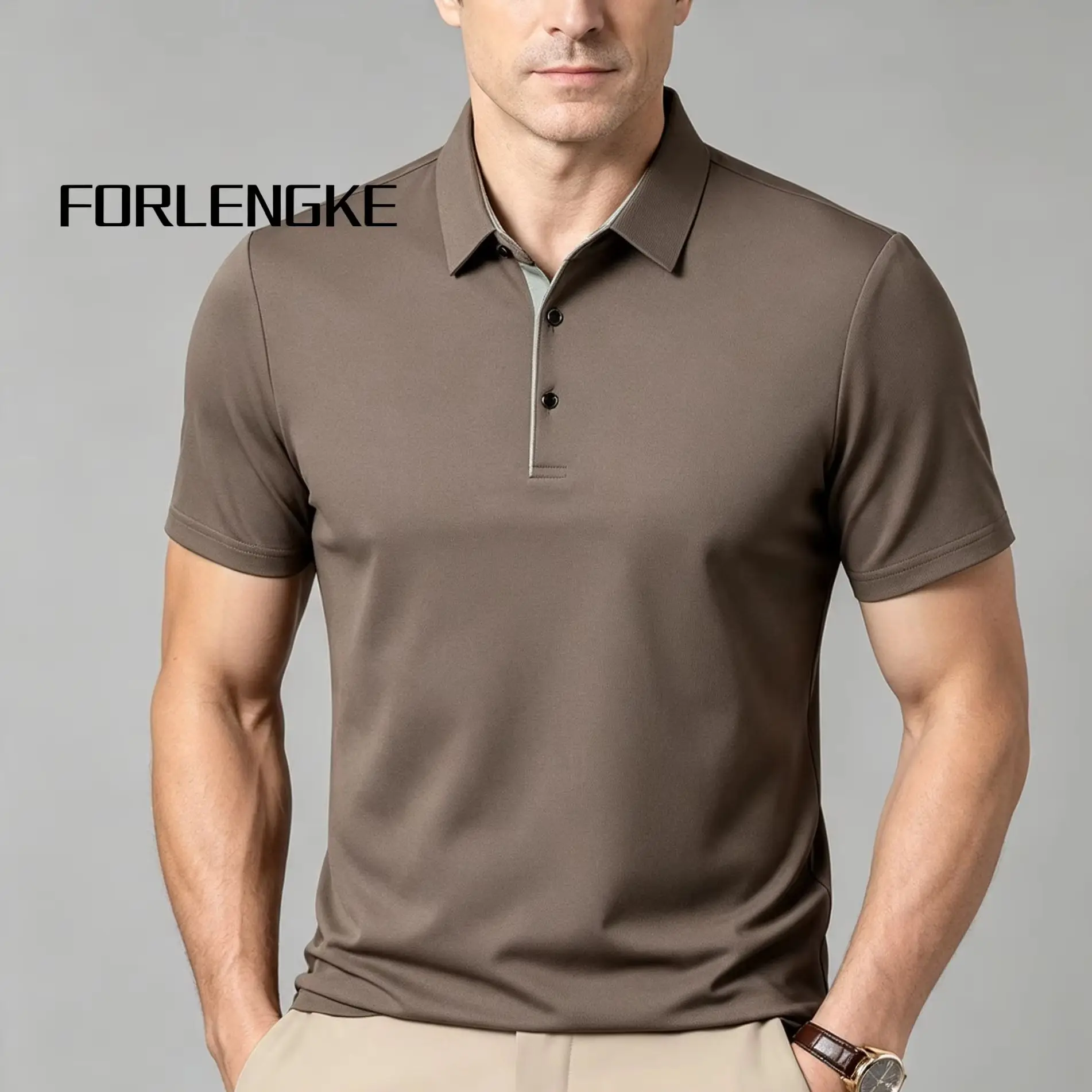 FORLENGKE Men's Business Solid Short Sleeve Polo Shirt, New Fashion High Stretch Soft Top for Summer Office and Daily Business O