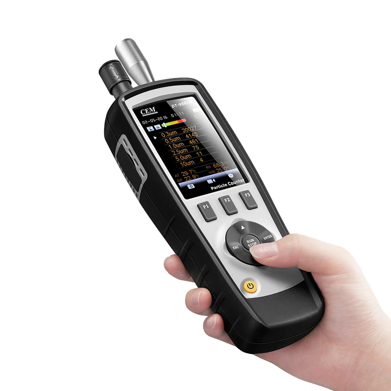 

CEM DT-9881M Handheld Cleanroom Particle Counter HCHO CO (PM 0.3,0.5,1.0,2.5,5.0,10μm) Air quality Detector with Camera