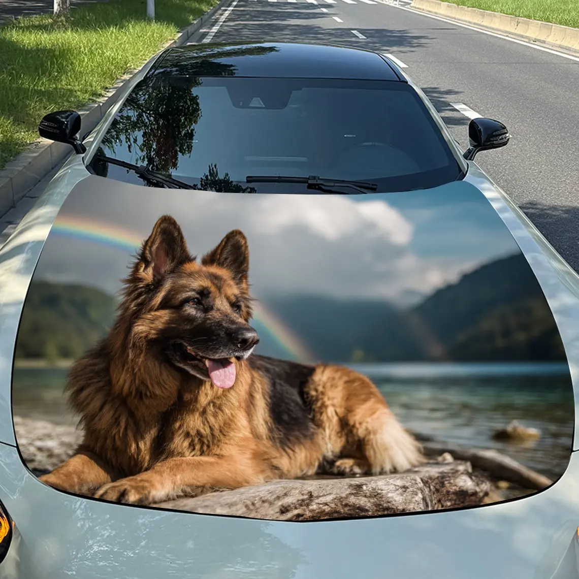 ملصقات سيارة راعي ألماني واقعي يسكع بحيرة مع ملصق غطاء محرك السيارة بخلفية قوس قزح وجبال، مقاوم للماء