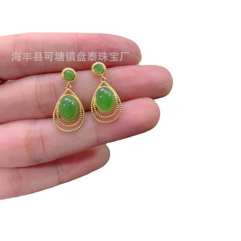 Natural Hetian Jade Russian Jasper Design National Style Ear Studs S925 Silver Inlaid