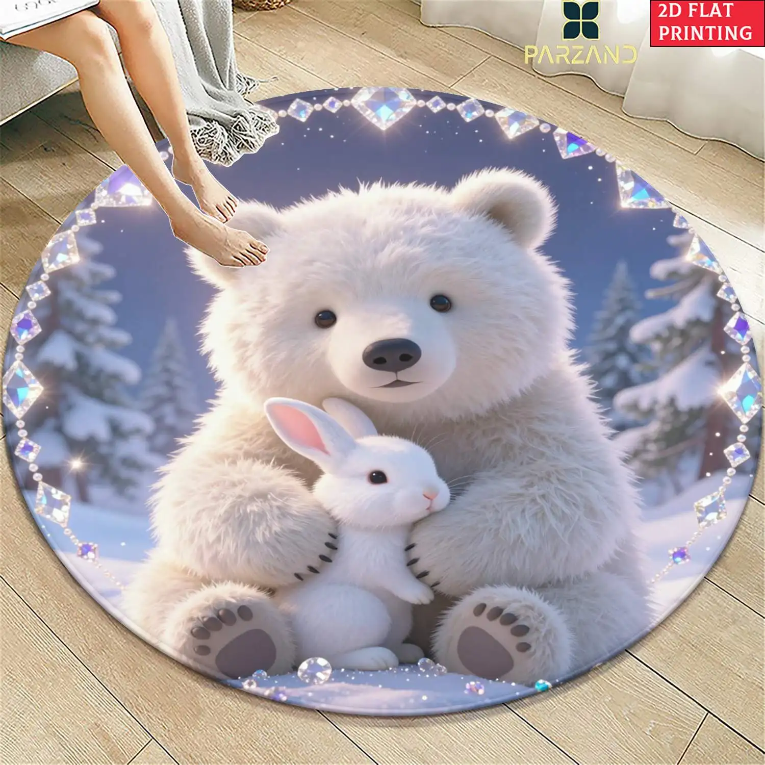 Adorable Bear and Rabbit Round Memory Foam Pet Rug Nursery Mat Floor Carpet Throw for Kids Winter Home Decor