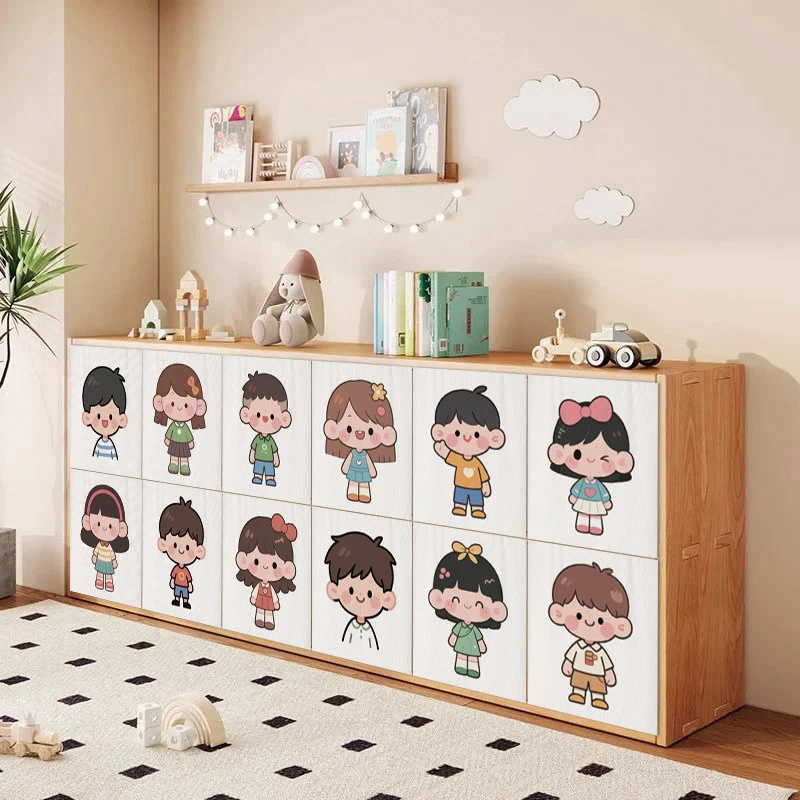 VIKAMA Cartoon Kids Figure Cabinet Curtain Cute Boy Girl Print Dust‑proof Closet Cover Curtain for Kids Room Home Decor