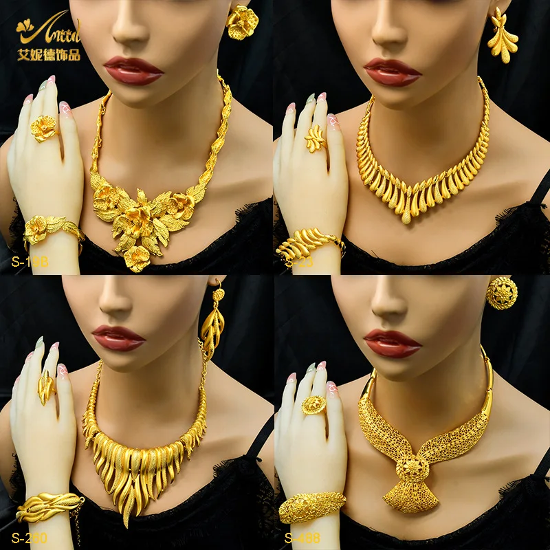 AU999 Flower Luxury Necklace Bracelet Earrings Ring Set Women's 24K Gold - Anti-deform gold, durable, flowers symbolize romance