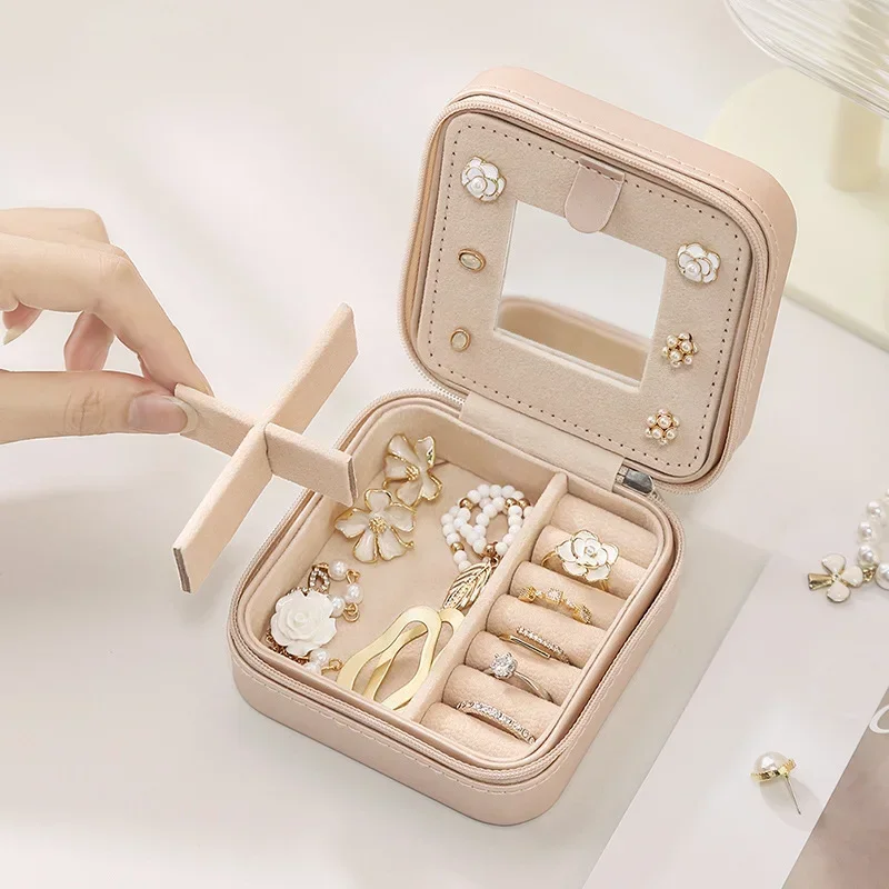 Jewelry storage box Korean travel portable jewelry box with mirrors, earrings, earrings, rings, multi-layer jewelry box
