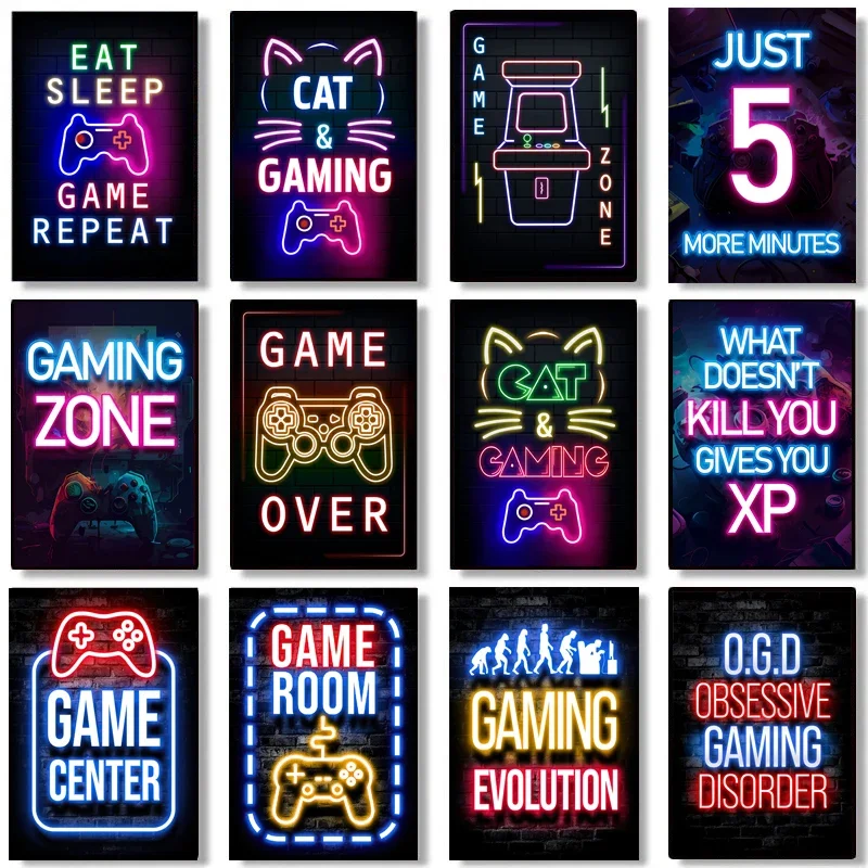 Gaming Room Decoration Posters Wall Art Gamepad Video Game Canvas Painting Playroom Neon Pictures for Gamer Boy Bedroom Decor