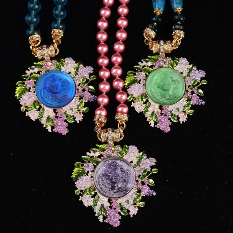 Cross-border Vintage medieval style avatar necklace old handmade enamel luxury glazed medieval beaded pendant female