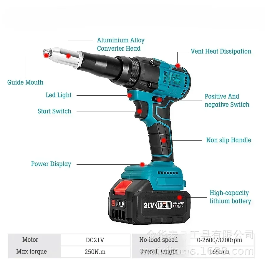 Pistolet à riveter portable en acier inoxydable, batterie au lithium 21V, moteur sans balais, entièrement automatique, 3.2mm, 4.0mm, 4.8mm