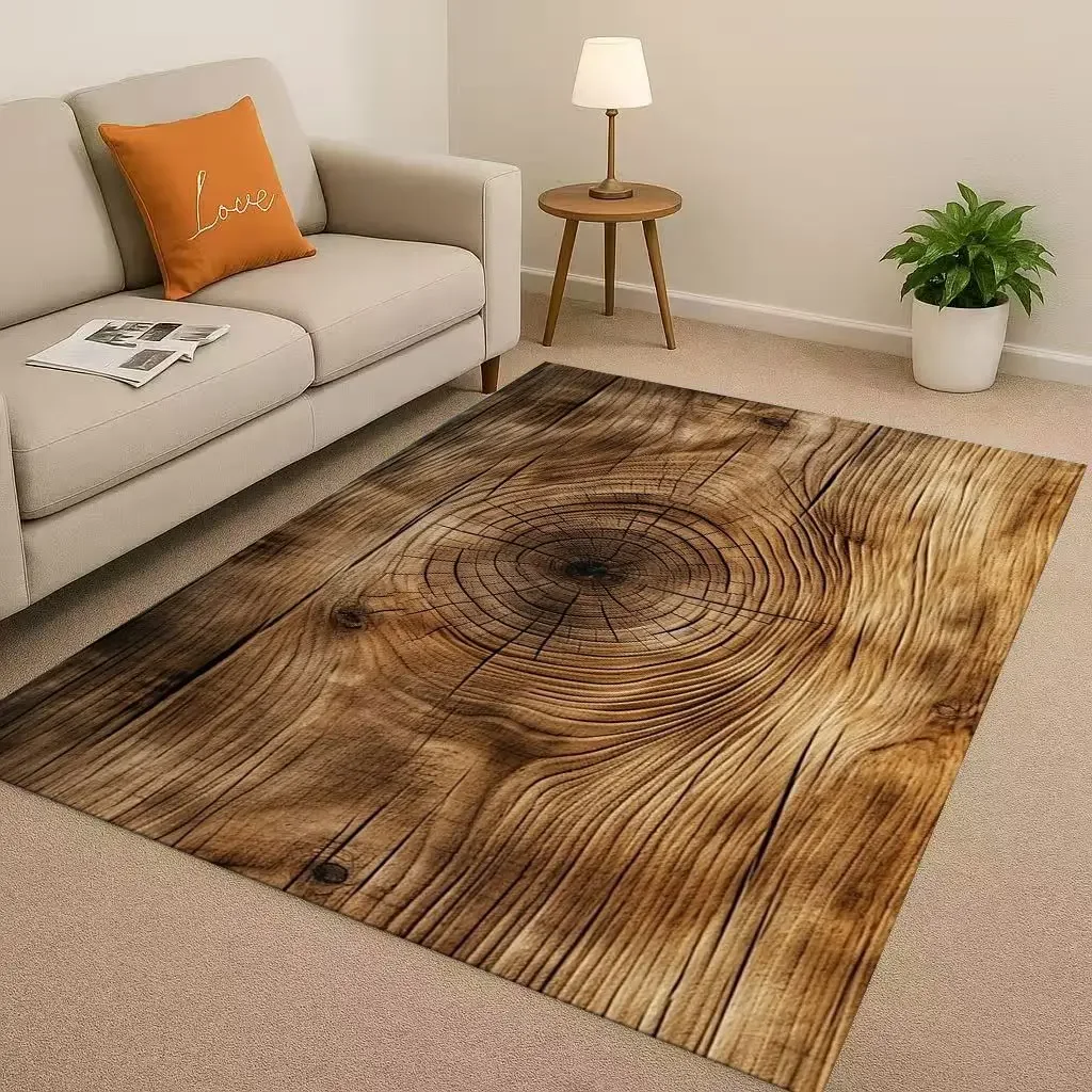 Wood grain rug placed in front of a sofa