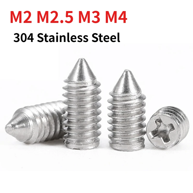 20-50pcs 304 Stainless Steel Phillips Cross Recess Cone Point Set Screw Headless Grub Screw M2 M2.5 M3 M4 Length: 2–10 mm
