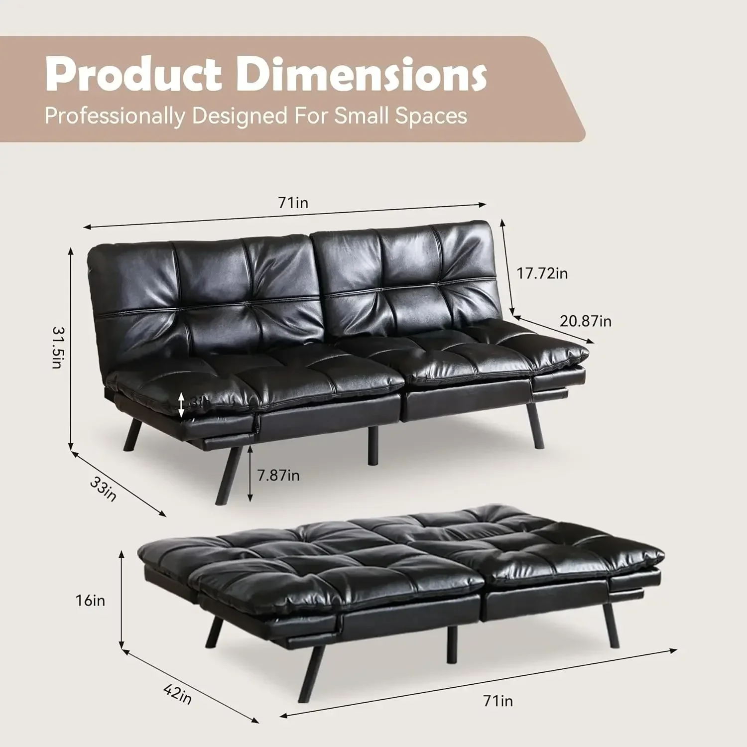 Futon Sofa Bed,Memory Foam Loveseat,Black Leather Sofa Sleeper Modern Couch for Compact Living