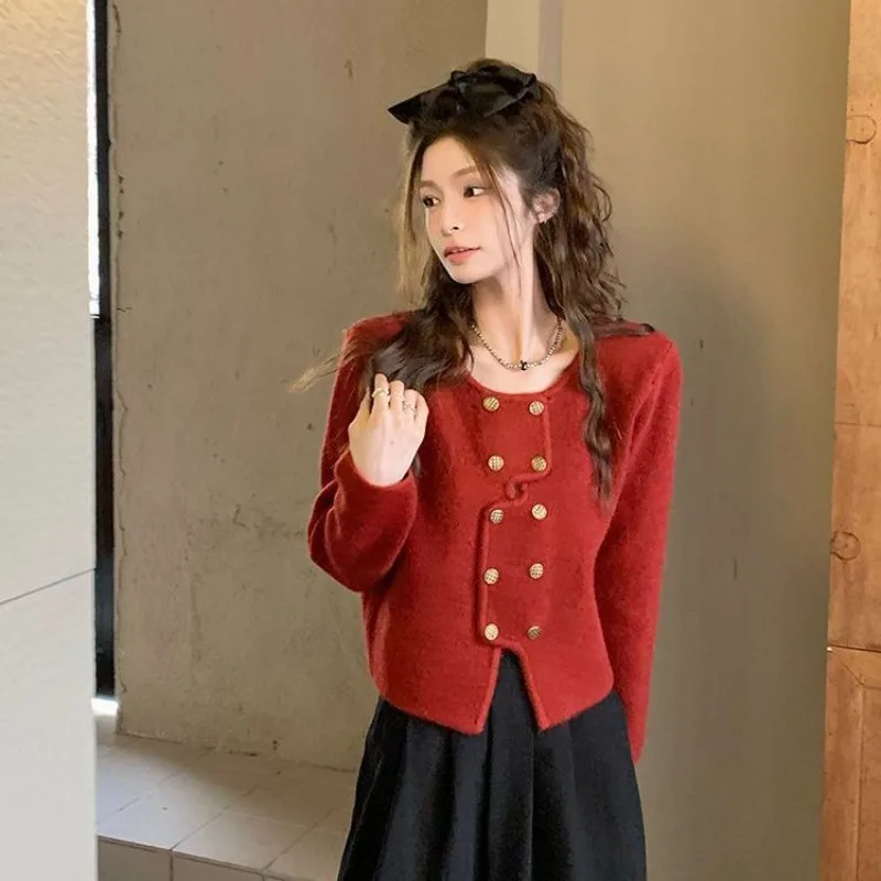 French Style Irregular Knitted Cardigan Women 2025 Spring Autumn Fashion New Double Breasted Chic Elegant Long Sleeve Outerwear