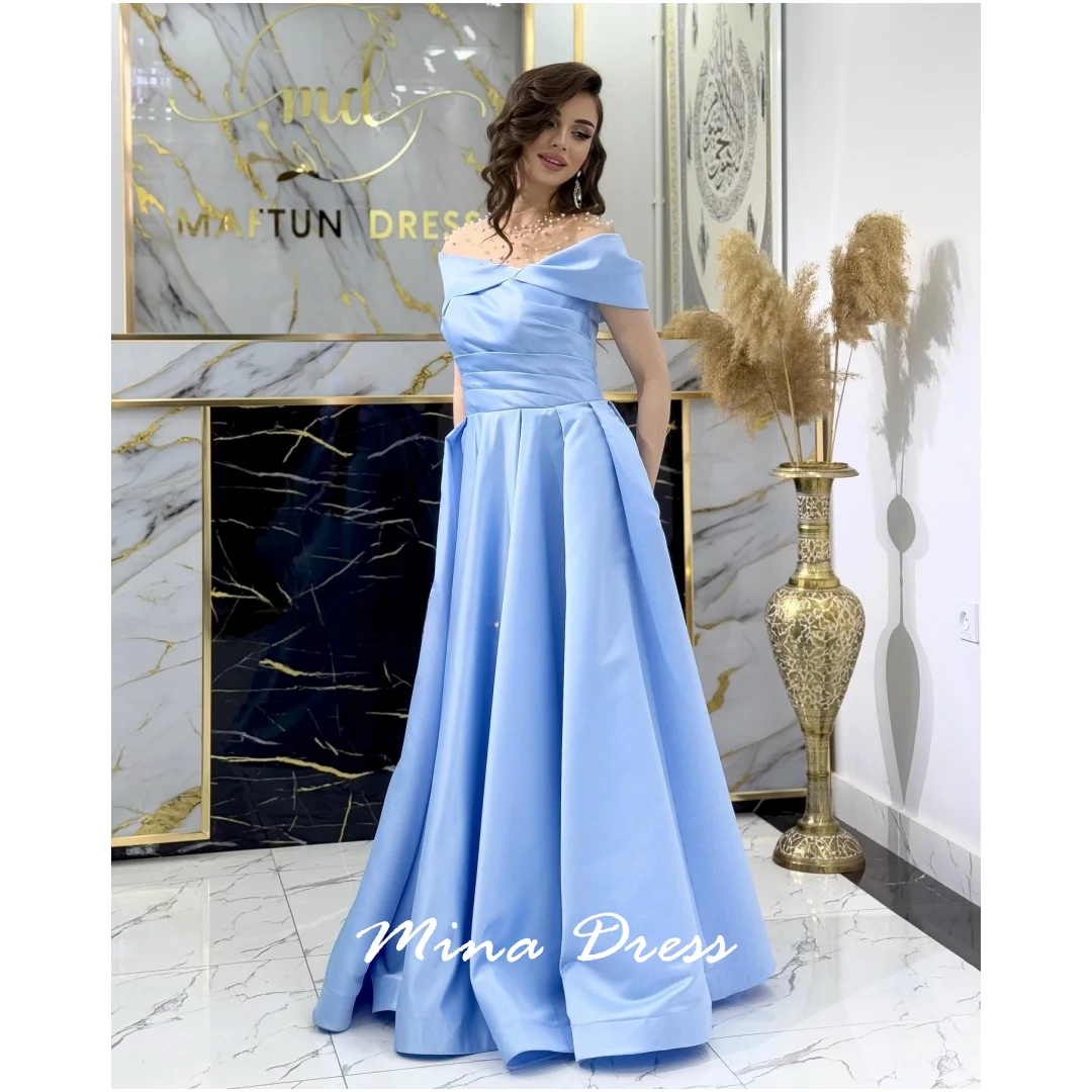 

Mina Customized Gems Luxurious Women's Evening Dresses for Formal Occasions Round Neck Dropped Shoulders Foldspearls Party Dress